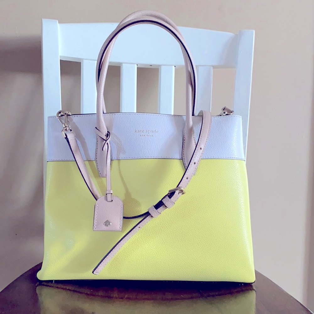 Kate Spade pale yellow and white with tan accent bag with crossbody strap